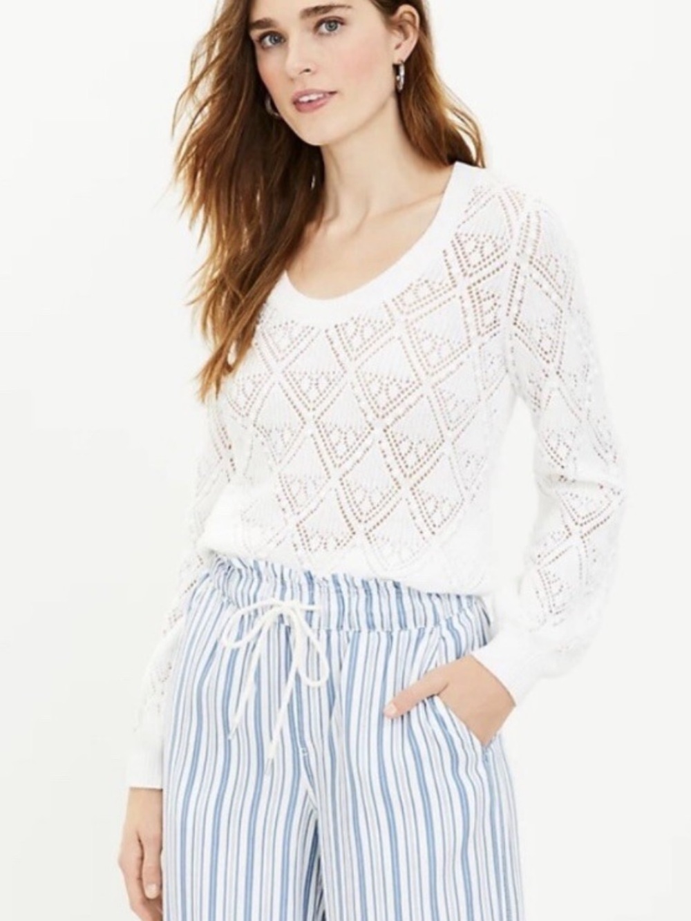 Loft White Bobble Pointelle Scoop Neck Lightweight Sweater